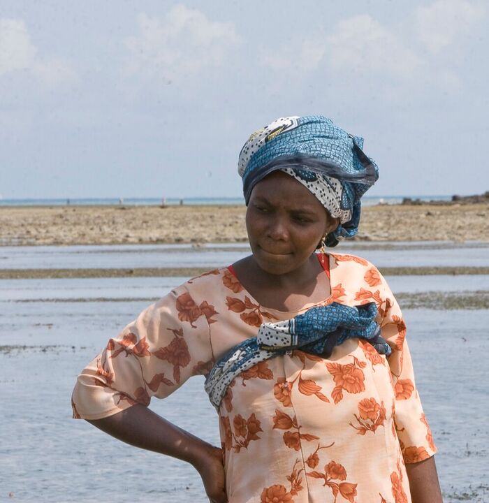 Seaweed farmer standing on the tidal flats at low tide